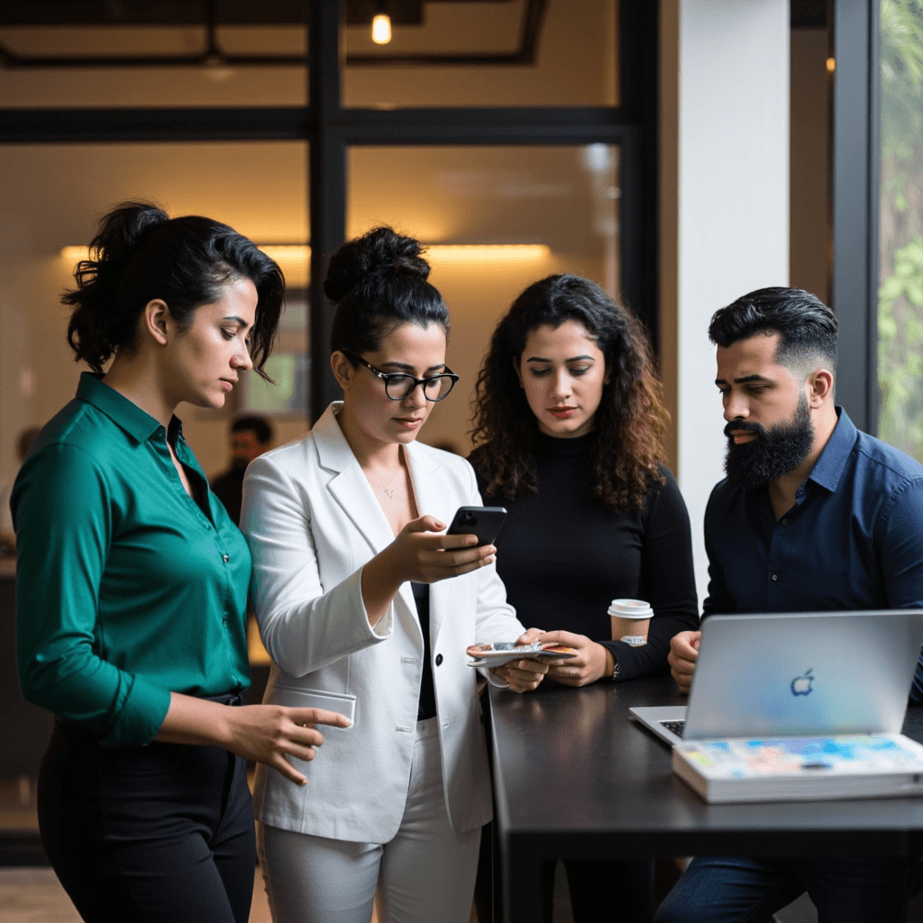 Equipe Nexa Comunicação reunida em ambiente de trabalho tecnológico